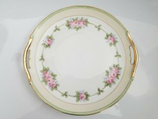 Antique Hand Painted Nippon Cake Plate Pink Roses Border Gold Trim Japan