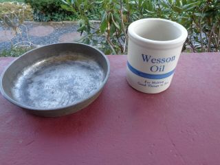 Antique Advertising Blue & White Stoneware Crock,  Advertising Tin Cake Pan