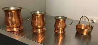 Vintage Copper Brass Small Measuring Tankards Jugs Set Of 3,  Miniature Jam Pan