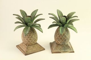 Vtg Pair Godinger Style Pineapple Tropical Palm Tree Candlestick Candle Holders
