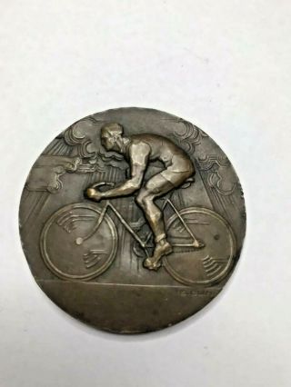 Rare Antique French Art Deco Signed Bronze Cycling Medallion = E.  Blin