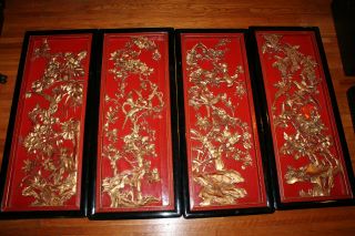 Rare Large Antique 19c Chinese Hand Carved 4x Panel Set Gold Gilded Lacquer Set