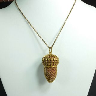 Rare Antique Gilded Czech Filigree Acorn Pomander Pendant / Vinaigrette Necklace