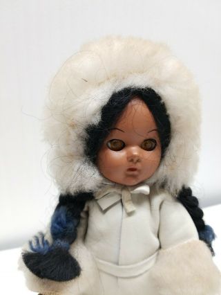 Vintage Plastic Eskimo Doll Faux Fur & Real Leather Clothes 9” W/ Wooden Skis 2
