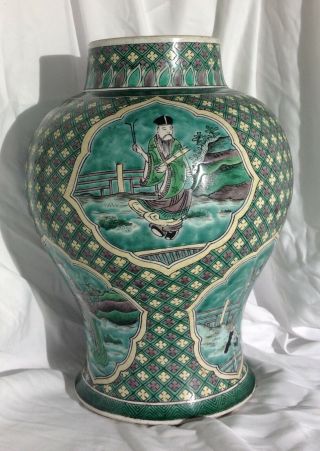 Rare Antique Chinese Famille Verte Biscuit Porcelain Jar Kangxi Period