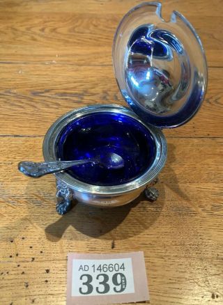 Victorian Silver Plated Lidded Mustard Pot Blue Liner & Spoon Lion Feet
