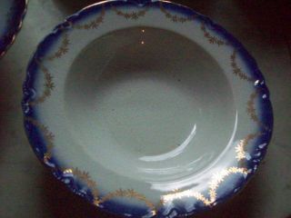 Rare Antique Saxon China Flow Blue Gold Trim Swag - Serving Bowl 9 1/4 "