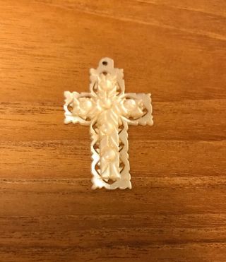 Antique Hand Carved Mother Of Pearl Crucifix Cross Pendant.  Georgian / Victorian