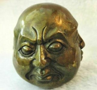Buddhism Signed Bronze Old Tibet Brass 4 Faces Buddha Head Statue Figures 6cm