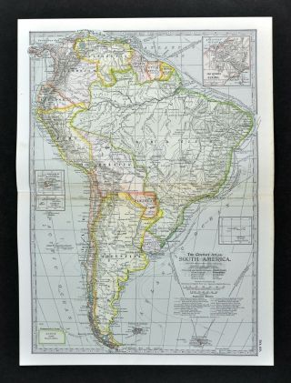 1902 Century Map - South America - Brazil Argentina Colombia Peru Bolivia Chile