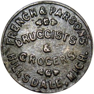 1863 Hillsdale Michigan Civil War Token French & Parsons Druggist Rare Merchant