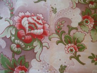 Antique French Art Nouveau Deco Floral Fabric Lavender Strawberry Red Pink