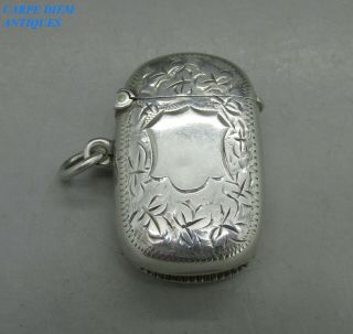 Antique Victorian Bright Cut Engraved Solid Sterling Silver Vesta Case Birm 1900