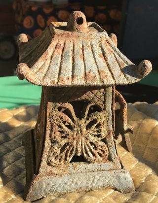 Vintage Rusty Cast Iron Pagoda Tea Light Lantern 6 1/2 X 4” Butterfly 1 3