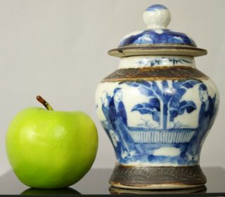 A Chinese Blue & White Crackle Ware Figural Jar Vase 19thc Qing