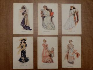 Set Of 6 Antique Edwardian Ladies 1908 Postcards Illustrated By P Gordon