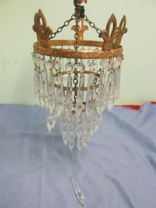 Antique French Brass Crown & Glass Crystal Droplet 3 Tier Chandelier 1.  18 Kg