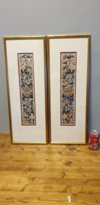 Two Good Antique 19 Th Century Chinese Embroidery Framed Butterfly And Flowers