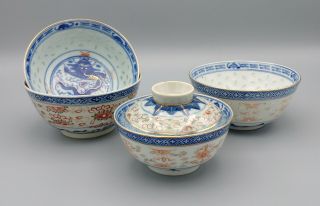 Vintage Chinese Wanyu Rice Grain Pattern Dragon And Chrysanthemum Bowls