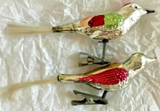Antique Vtg 2 Colorful Song Birds On Clips Glass German Christmas Ornaments
