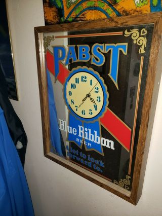 Rare Vintage Pabst Blue Ribbon Beer Advertising Mirror Clock Bar Sign Lrg 21x17