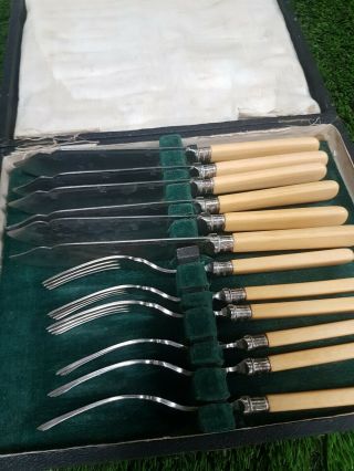Antique / Vintage Boxed Set Of Fish Knives And Forks.  Sterling Silver,  Nickel