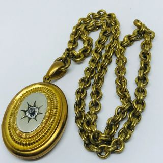 Antique Victorian Gilt Metal And Old Cut Paste Locket And Collar Necklace