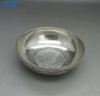 Antique Persian Bright Cut Engraved Solid Silver Coin Inset Pin Dish 75g C1910