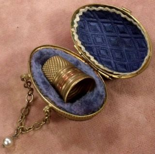 Antique C1890 Sewing Thimble In Floral Egg Holder Etui Case Gilt Brass