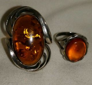 Hallmarked Solid Sterling Silver And Amber Rings 16.  30 Grams Scrap?