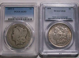Two (2) Morgan Silver Dollars $1 Pcgs Certified 1896 Xf45 & (rare) 1899 - S Ag03