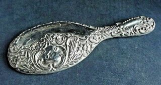 Old Large 10 " Ornate Solid Silver Hand Mirror Birmigham 1902