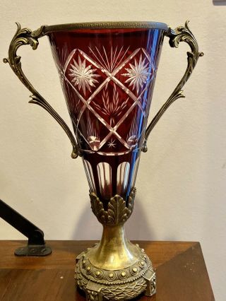 Vintage Ormolu Ruby Red Cut Glass Crystal Mounted Vase/urn.  Rare Collectible.