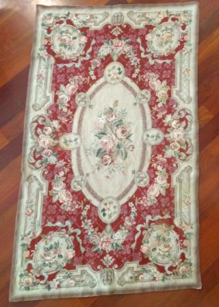 Antique Wool Needlepoint Victorian Rose Floral Rug Carpet Area Berry Pink Green