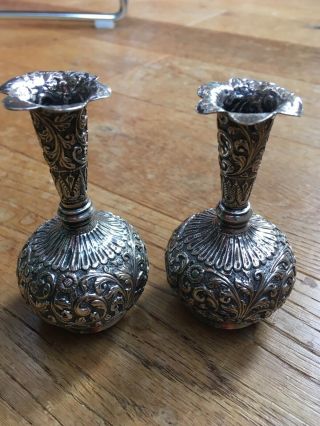 Antique Indian Asian Old Kutch Chased Silver Vases Oriental