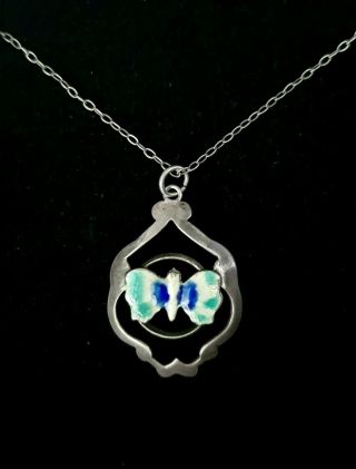 Antique Art Nouveau Sterling Silver Enamel Butterfly Pendant On Chain