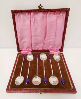 Vtg 1930s Art Deco 6 Cased Silver Plate Scallop Purple Coffee Bean Tea Spoons