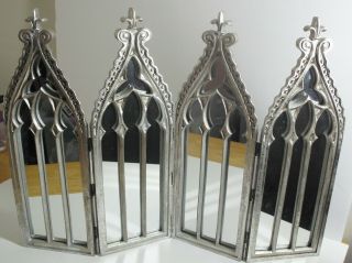Antiqued Silver Cathedral 4 - Panel Mirror Hinged Movable By Valerie