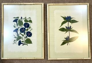 Pair Vintage Framed Floral Paintings On Linen Blue & Cream