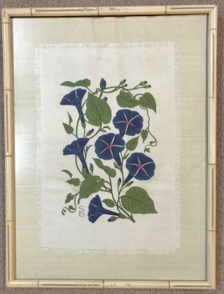 PAIR Vintage Framed Floral Paintings On Linen Blue & Cream 3