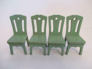 Vintage 1930 ' s Strombecker Dollhouse Green Wooden Dining Room Table & Chairs 2