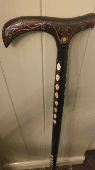 Inlaid Mother Of Pearl And Brass Wood Walking Stick Cane Collectors.