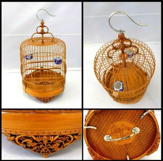 Rare Chinese Bamboo Bird Cage With Porcelain Feeding Cups - Signed