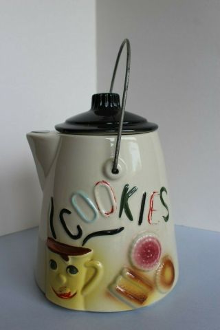 Antique " Cookies " Ceramic Cookie Jar W/ Lid - Metal Handle - Usa