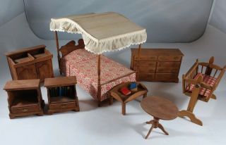 Vtg Wood Dollhouse Canopy Bed Nightstands Cradle Dresser Bedroom Hello Dolly?