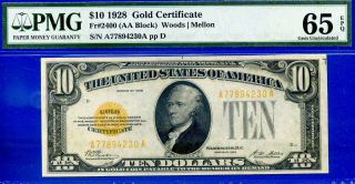 Fr - 2400 1928 $10 Gold Certificate ( (rare In Gem))  Pmg Gem - 65epq A77894230a.