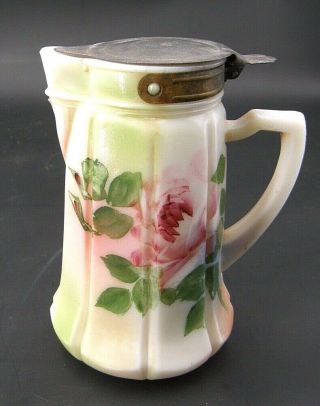 Antique 19th Century,  Small Maple Syrup Pitcher,  Hand - Painted Pink Roses