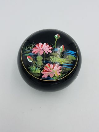 Japanese Lacquer Ware Round Domed Trinket Box Hand Painted Pink Water Lilies