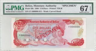 5 Dollars Unc Specimen Banknote From Belize 1980 Pick - 39s Very Rare Tdlr Print