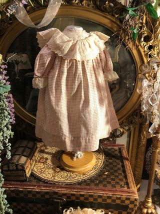 Wonderful Antique Cotton Check Child Doll Dress W/bertha Collar